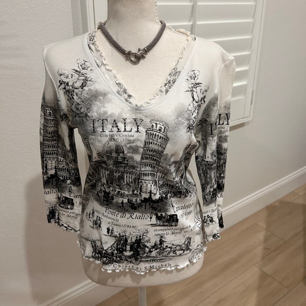 Vintage 1990s Drapers & Damon’s Italy Scenery Top – Petite Small – Black & White
